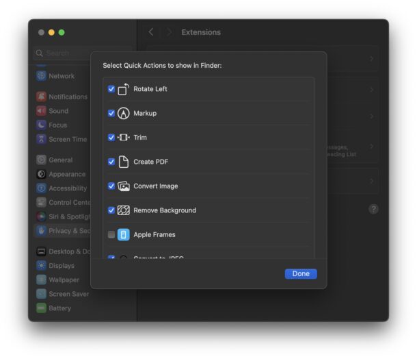 Where are Quick Actions and Extensions in macOS Sonoma and Ventura