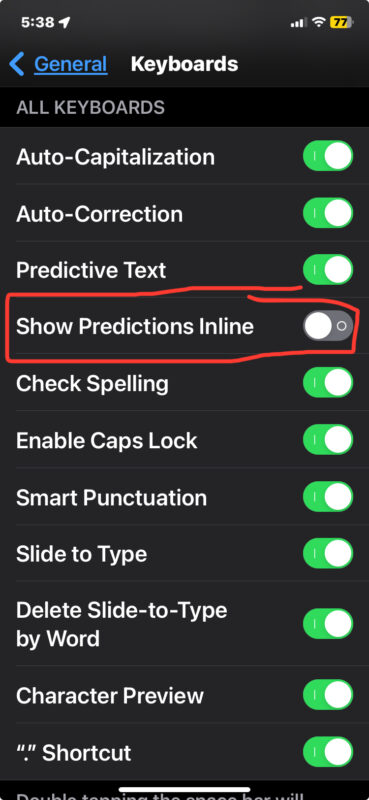 How to disable inline predictive typing on iPhone and iPad