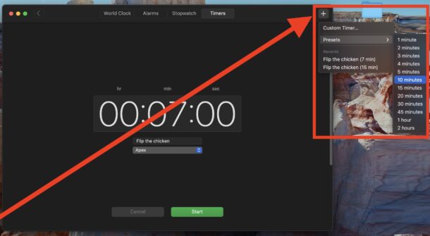 Easy preset timer settings on the Mac Timer within Clock app