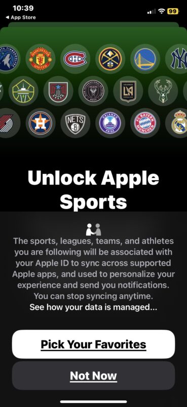Apple Sports choose your favorite teams first launch