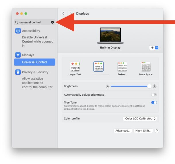 Using Search to find Universal Control settings on MacOS