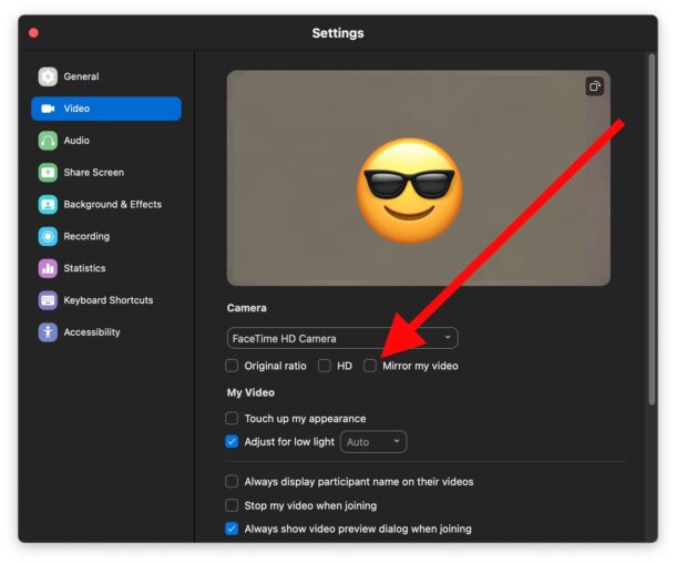 Disabling the mirror video on Zoom for Mac