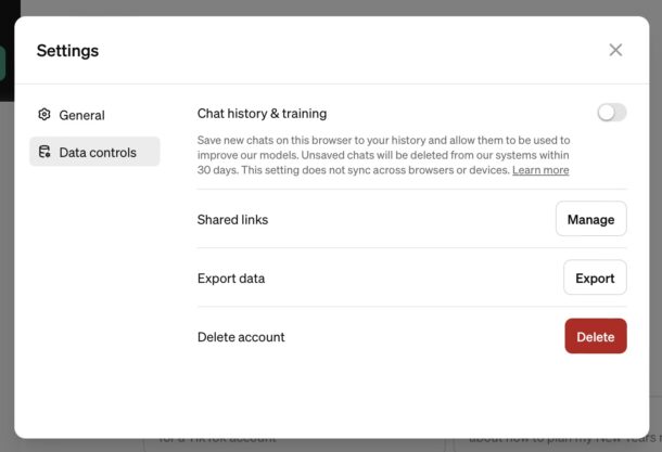 How to disable Chat History and Training Data in ChatGPT
