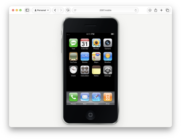 Original iPhone with iPhoneOS 1.0 emulated in a web browser
