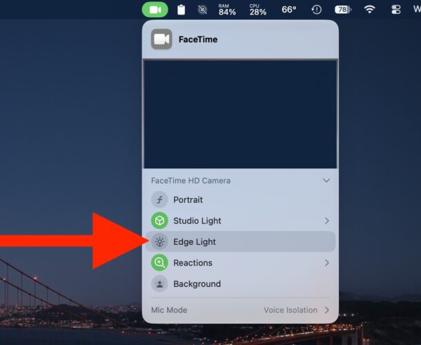 Disable Edge Light on FaceTime for Mac