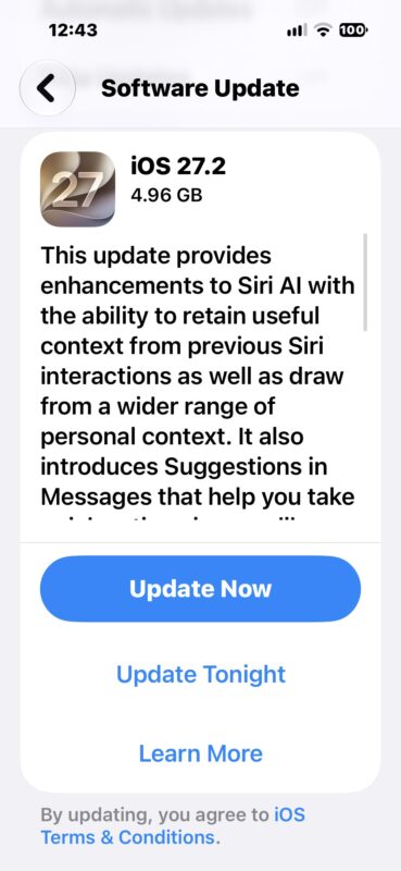 iOS 27.2 update available to download